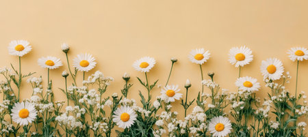 White Daisy Flowers Floral Frame Banner Design On Yellow Background. Greeting Card Template.の素材