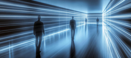 Silhouettes of businesspeople walking towards light, symbolizing success, innovation, future.の素材