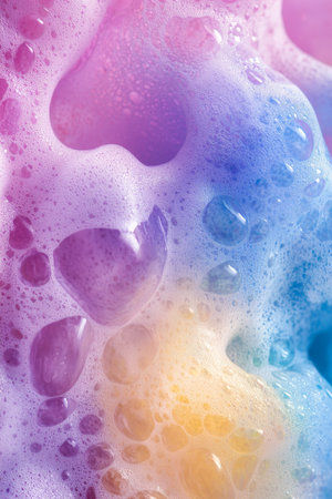 Close-up, Colorful Soap Suds and Bubbles with Abstract, Textured Design and Vibrant Colorsの素材
