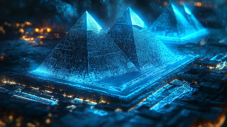 Digital Network Pyramids, Futuristic Hologram Above Giza at Night, Ancient Civilization Themeの素材