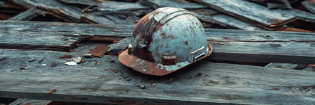 Cracked Hard Hat, Construction Safety Failure, Work Accident Concept, Rustic Wood Backgroundの素材