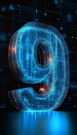 Glowing 3D Number 9 with Futuristic, Blue Circuitry Design, High-tech Concept, Digital Illustrationの素材