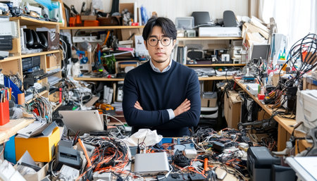 Young Professional Navigating Chaos, Overwhelmed in a Home Office of Tech and Cablesの素材