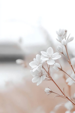 Delicate White Wildflowers in Soft Light A Serene Nature Background with Dreamy Bokehの素材