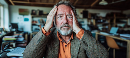 Stressed, Overwhelmed Middle-Aged Businessman With Headache At Desk In Chaotic Officeの素材