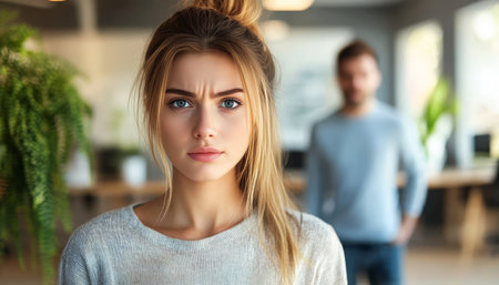 Concerned Millennial Woman In Modern Office, Worried Expression, Male Colleague In Backgroundの素材