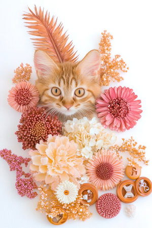 Cute Ginger Kitten Peeking Out From Peach, Orange, Coral Dried Flowers on White. Floral Flat lay.の素材
