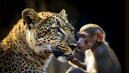 Leopard and Baboon A Close Encounter, An Exploration of Inter-Species Harmony on Black Backgroundの素材