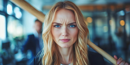 Businesswoman Looking Distressed By Colleague With a Baseball Bat in an Office Environmentの素材