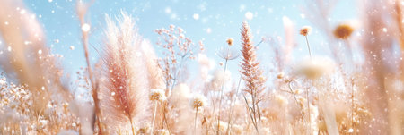 Delicate Light Brown Wildflowers Field, Pastel Watercolor Style with Airy and Gentle Little Starsの素材