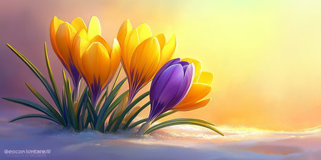Yellow and Purple Crocus Flowers Blooming in Snow with Golden Sunlight, Spring Backgroundの素材