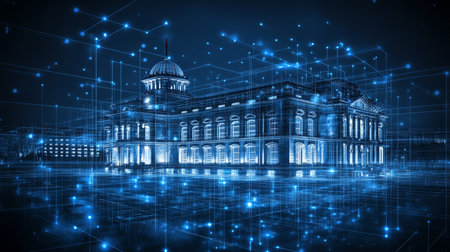 Historic Landmark in Digital Network Outline of Parliamentarian Cityscape, Connection, Dataの素材
