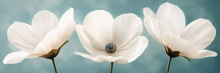 Trio of Gentle Blooms Soft White Wildflowers Watercolor Illustration on Teal, Art for Interiorsの素材