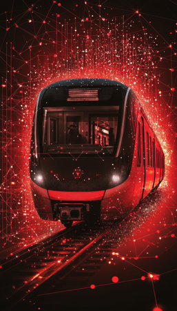 Red Digital Train On Technology Background. Abstract Railway Transport Icon In Lines, Connected Dotsの素材