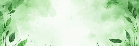 Soft Green And White Watercolor Background With Delicate Leaves And Copy Space In Center.の素材