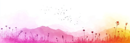 Watercolor Dream A Peaceful Landscape of Wildflowers, Soft Shadows, and Delicate Line Artの素材