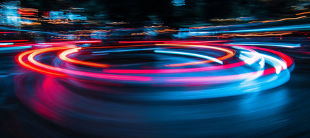 Abstract Light Trails, Curved Paths of Blue and Cyan on a Dark Background, Speed and Movementの素材