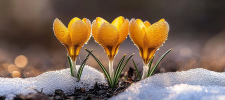 Three Golden Crocus Flowers Defying Winter, Emerging from Melting Snow in Spring Sunlight.の素材