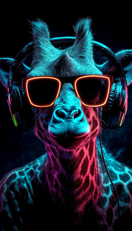 Neon Party Giraffe DJ Cool Animal Portrait Wearing Headphones and Sunglasses with Summer Vibesの素材