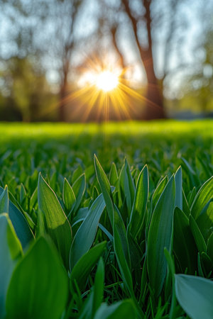 Vibrant Green Grass Close-Up, Blurred Background With Sunlight Flare on Bright Spring Dayの素材