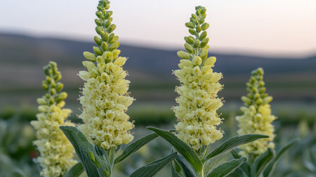 Yellow Wildflowers in Bloom, Close-Up View, Bathed in the Warm Glow of Golden Hour Lightの素材