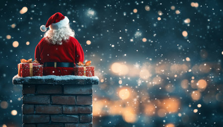 Santa Claus Prepares for Delivery on a Snowy Rooftop, Festive Lights Twinkling Behind Him at Nightの素材
