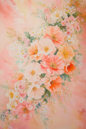 Soft Peach Watercolor Floral Background, Delicate Wildflowers, Romantic Atmosphere, Gentle Lightの素材