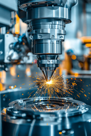 CNC Milling Machine in Operation, Close Up Precision Cutting Metal with Sparks Flying.の素材