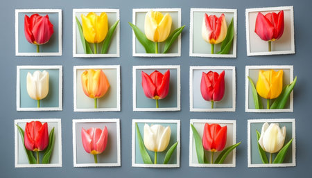 Colorful Tulips in Frames Spring Floral Photography with Negative Space for Your Textの素材
