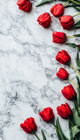Bouquet Of Lovely Red Tulips On White Marble Surface With Copy Space, Greeting Card Designの素材