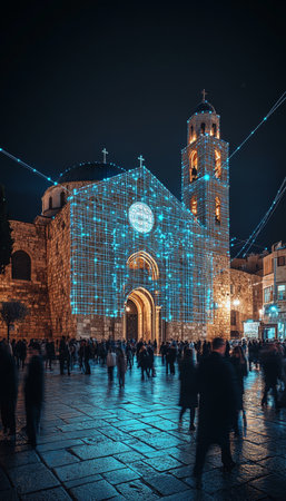 Church Decorated with Christmas Lights, Night Cityscape with Crowd of People on Festive City Streetの素材