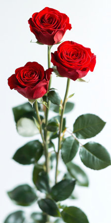 Three Vibrant Red Roses Bloom Against a Fresh White Background With Lush, Green Foliage Throughout.の素材