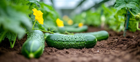 Fresh Cucumbers in the Garden. Green Vegetables Grow in the Greenhouse, shallow Focus.の素材