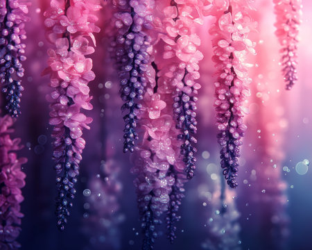 Delicate Purple Flowers, Bokeh Background, Pastel Colors, Shallow Depth Of Field, Water Dropsの素材