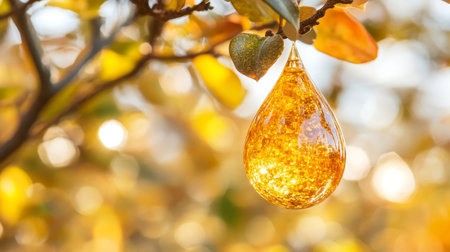 Golden, Glowing Liquid Drop, Resembling Honey, Suspended from Autumn Leaves, Bokeh Backgroundの素材