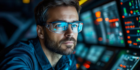 CNC Machine Operator Focused On Control Panel, Monitoring High-Tech Manufacturing Processの素材