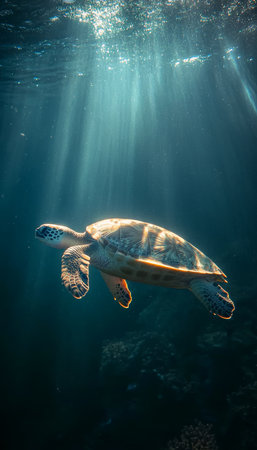 Serene Sea Turtle Gliding Through Sunlit Water, Underwater Photography, Majestic Ocean Wildlifeの素材