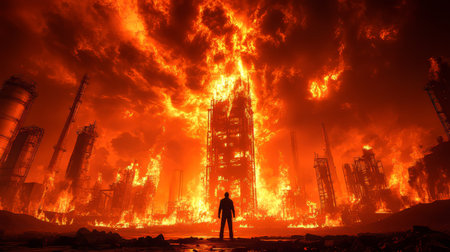 Lone Figure Confronts Industrial Inferno, A Powerful Display Of Resilience Amidst Destructionの素材