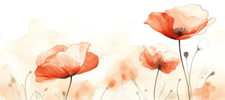 Soft Coral Watercolor Floral Background, Minimalist Poppy Outlines, Gentle Texture, Elegant Designの素材