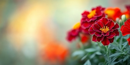 Red and Orange Marigolds in Bloom Colorful floral background with soft focus and copy space.の素材