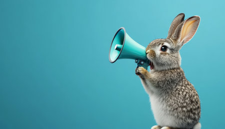 Adorable Gray Bunny Rabbit Holding a Blue Megaphone Against a Vibrant Blue Backgroundの素材