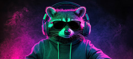 Neon Party DJ Raccoon A Cool Character Rocking out With Style in Sunglasses and Headphonesの素材