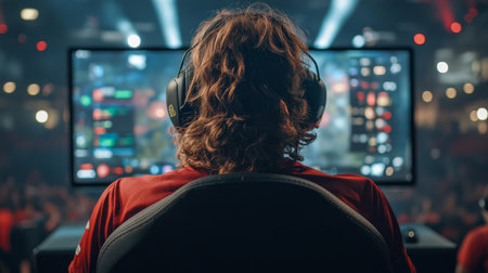 Esports Gamer Competes in Tournament, Intense Focus in Cyber Gaming Arena, Bright Screenの素材