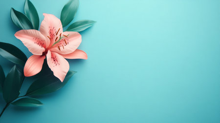 Elegant Pink Lily Blossom on a Vibrant Teal, Nature Background. Blank Space for Creative Textの素材