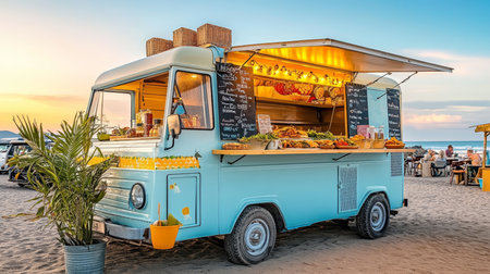 Blue Food Truck on the Beach, Serving Customers Delicious Street Food at Sunset. Summer Beach Vibesの素材