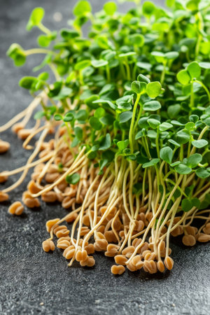 Freshly Sprouted Fenugreek Microgreens A Close-Up View of Healthy Seedlings on Rustic Background.の素材