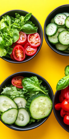 Fresh, Colorful Salad Ingredients in Bowls on Yellow, Healthy Eating and Vegan Food Conceptの素材