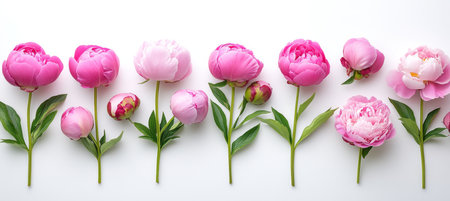 Beautiful Pink Peonies on a White Background Floral Flat Lay with Copy Space for Textの素材