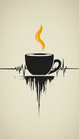 Coffee Love Abstract Illustration of Black Coffee Cup with Heartbeat Line, Minimalist Designの素材