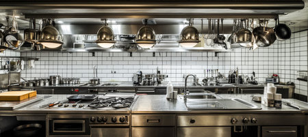 Professional Grade Expansive Stainless Steel Commercial Kitchen with Hanging Pots and Pansの素材